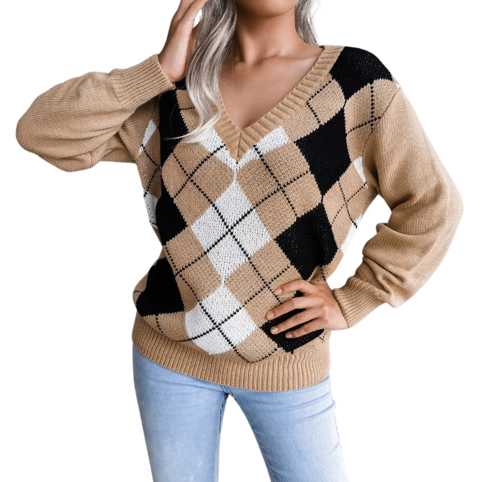 KHAKI-Women's-V-Neck-Plaid-Knitted-Sweater.JPG