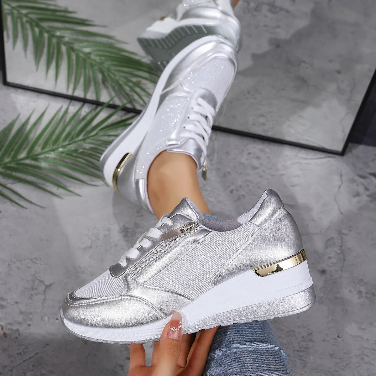 AURA | Lightweight Metallic Wedge Sneakers For Women