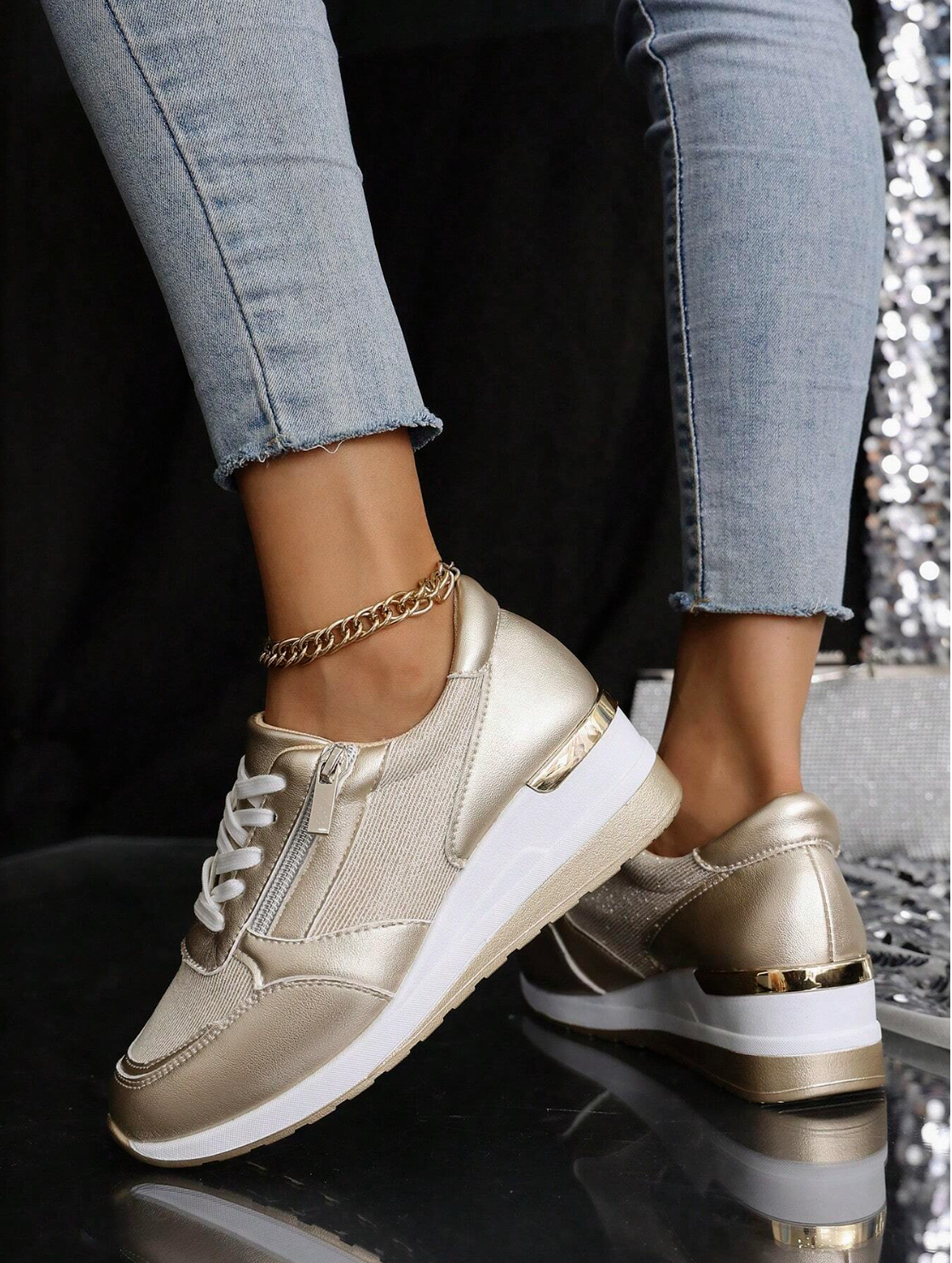 AURA | Lightweight Metallic Wedge Sneakers For Women