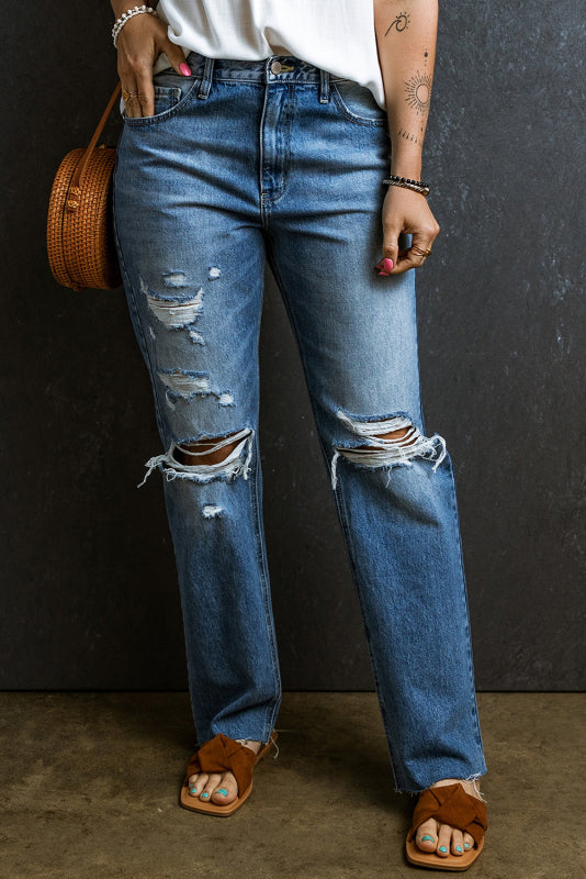 Ripped Straight-Leg Denim